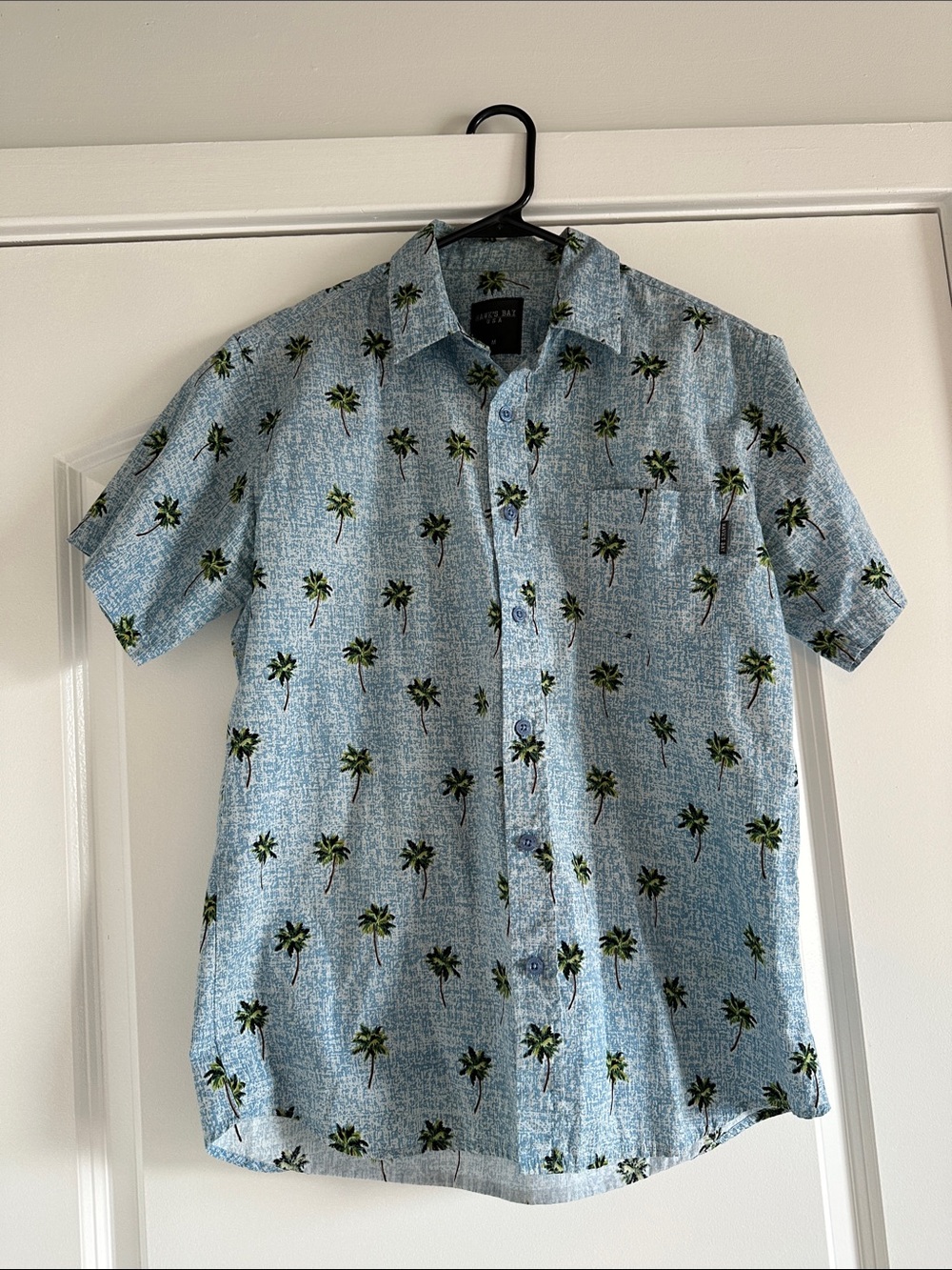 Light Blue Palm-Print Short Sleeve Button Down